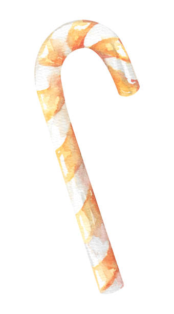 istock Christmas candy cane. Sweet caramel in yellow and white stripes. Hand-drawn watercolor illustration 2186834352