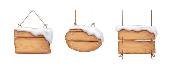 istock Blank wooden signposts covered with snow realistic color icons 2186846101