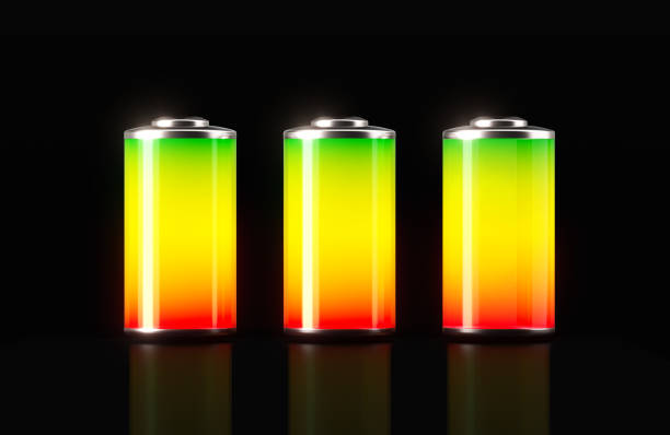Fully charged batteries on black background. Horizontal composition with copy space. Battery life and charging concept,