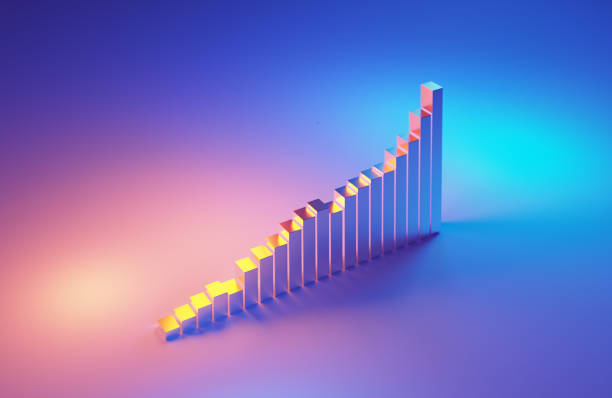 Metallic bar chart illuminated by blue and magenta lights on blue and magenta background. Horizontal composition.
