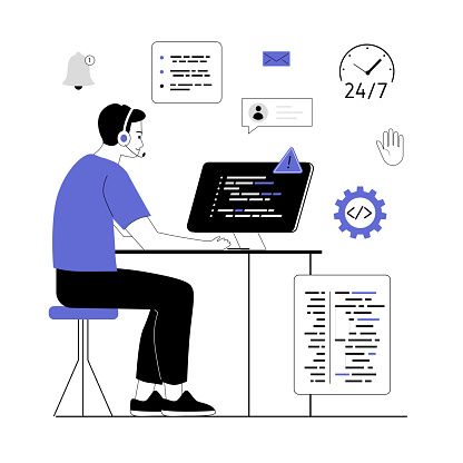 Technical Problem Man Machine Technical Support Service Concept Man Operator Solves Problems Of ...