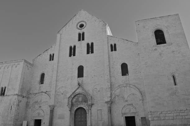 An exterior view of the architectural detail of a religious church building in the Italian port city of Bari.