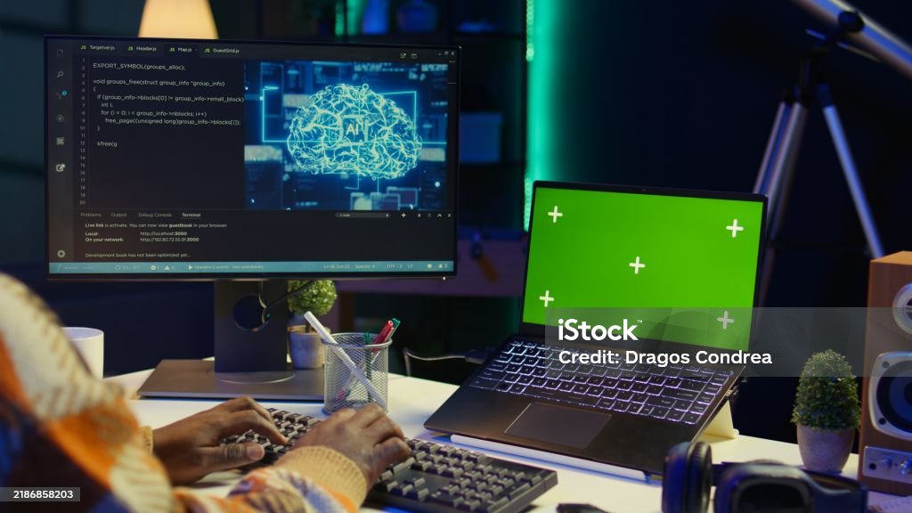 African American Web Developer Using Isolated Mockup On Pc And Writing ...