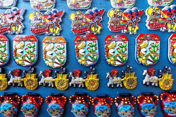 Sicilian magnet souvenirs in different shapes and colors, Taormina, Sicily