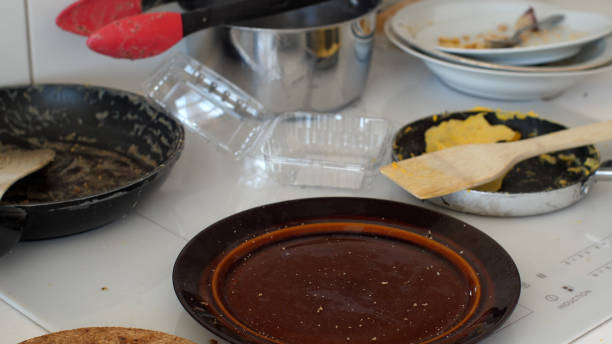 Close up of a messy and cluttered kitchen counter with dirty plates, pan and an empty plastic package