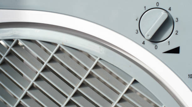 istock Close up of a small home fan switched on maximum speed 2186865116