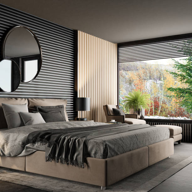 istock Cozy Modern Master Bedroom with Beige, Black, and Brown Pastel Tones 2186865410