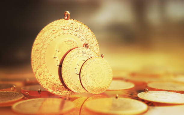 istock Turkish Jewelry Gold Coin Stack on Glass Counter 2186866907