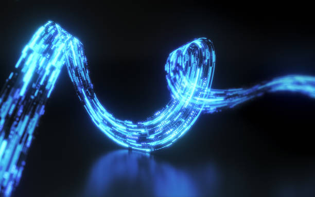 3d Render Glowing Neon Spiral Data Strip on Black Reflective Background, Internet data Technology and Telecommunication Concept (Depth Of Field)