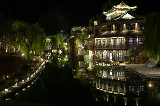 Beijing, China - Oct 22nd, 2024: Scenic view of Gubei Water Town during the night. A famous travel destination.