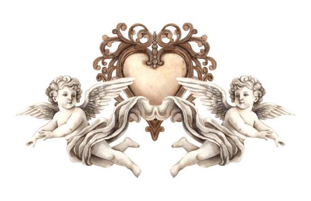 Cherubs angels cupids of love with vintage copper openwork heart. Watercolor illustration in vintage festive style, suitable for wedding, Valentine's Day and anniversary design, cards, posters
