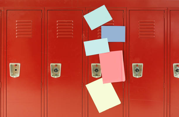 Colorful stickers on red lockers in the school
