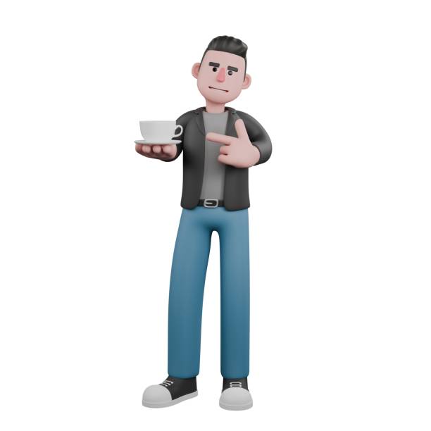 istock Cartoon Screenwriter 3D Model. A male screenwriter stands while holding a cup with one hand while the other hand points to the cup he is holding. Creative Character Design 2186887156