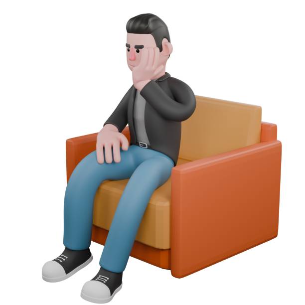 istock 3D Screenwriter Character. A male screenwriter sits on a sofa with his right hand on his lap while his left hand supports his chin. Cartoon Style Illustration 2186887177