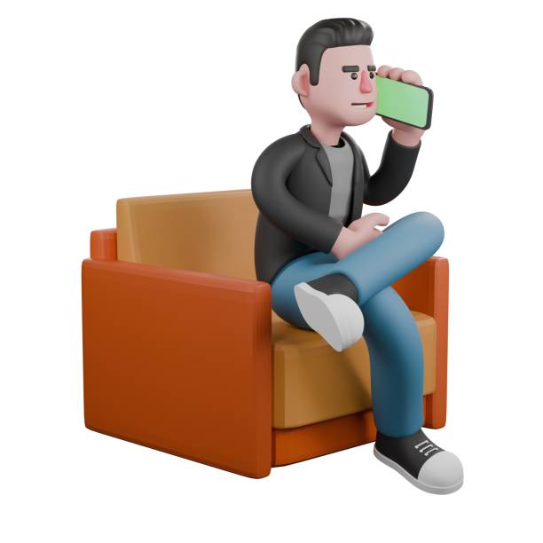 istock Cartoon Screenwriter 3D Character. A male screenwriter sits on a sofa with his left leg crossed over his right leg while his left hand is holding a phone that is on his his ears. Illustration Design 2186887237