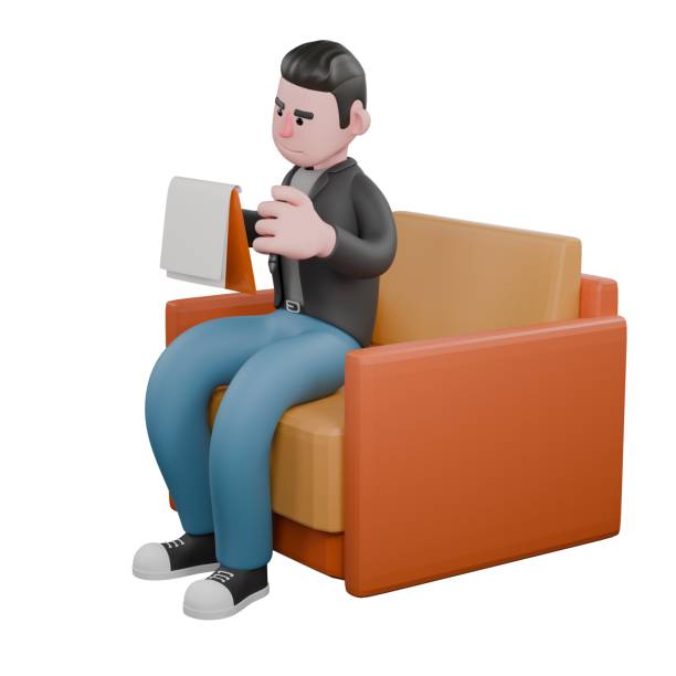istock Professional 3D Cartoon Character. A male screenwriter sits on a sofa with his right hand holding a clipboard and his left hand open in front of his body. Screenwriter Illustration 2186887588