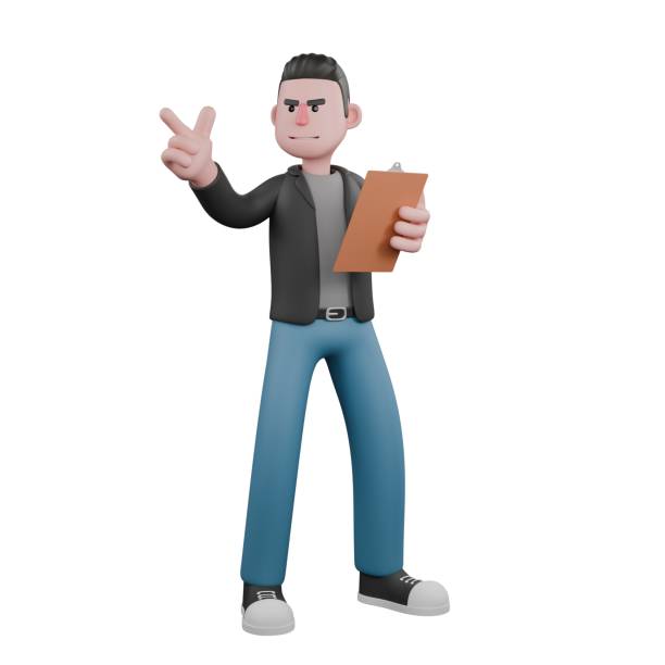 istock 3D Cartoon Design. A male screenwriter stands with his right hand pointing forward while his left hand holds a clipboard, serious expression. Screenwriter Illustration Art 2186887789