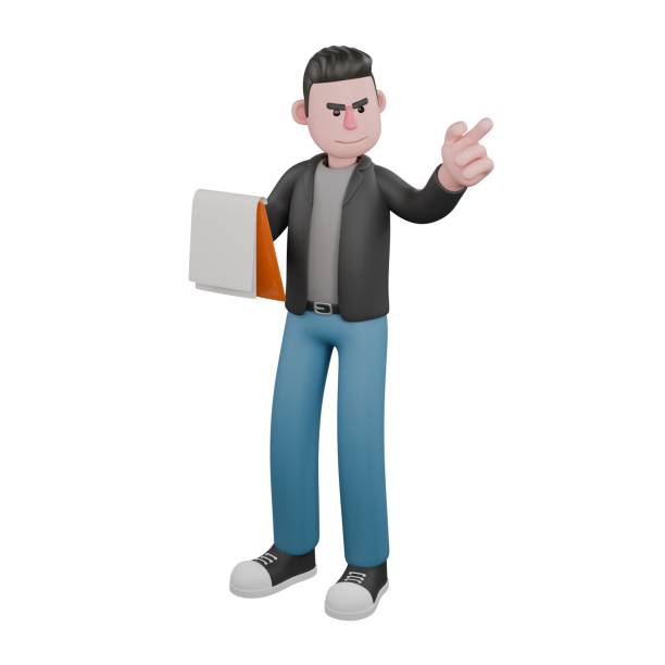 istock Creative 3D Screenwriter Model. A Male Screenwriter stands with his right hand holding a clipboard and his left hand pointing. Cartoon Character Art 2186889410