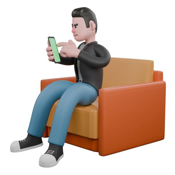 istock Professional Screenwriter 3D Model. A Male Screenwriter sits on a sofa playing with a cellphone in his right hand. Cartoon Character Design 2186889492