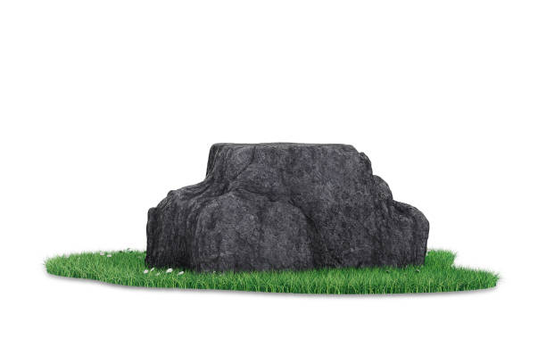 istock Black Stone Promotion Product Display Podium with Green Grass Patch. 3d Rendering 2186891894