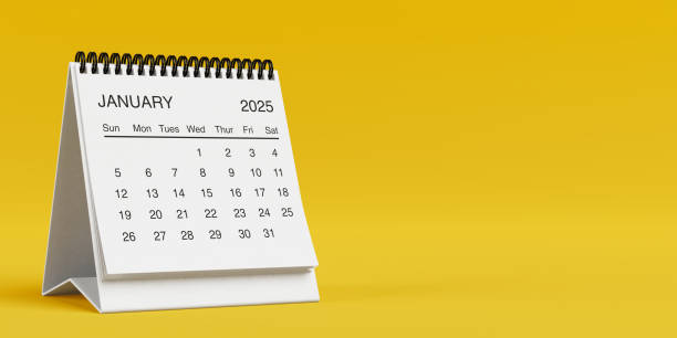 istock White Desk Monthly January 2025 Business Calendar. 3d Rendering 2186891909