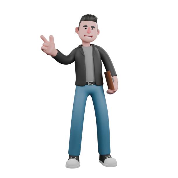 istock Cartoon Artistic Design. A Male Screenwriter stands with a clipboard in his left hand while his right hand is pointing. 3D Screenwriter Character Model 2186893467