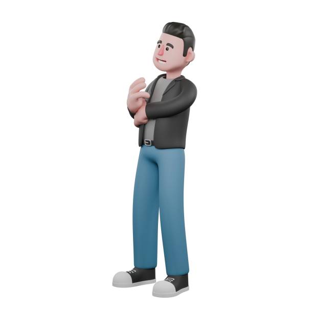 istock Creative Screenwriter Cartoon Illustration. A male screenwriter stands with his left hand clenched in front of his stomach and his right hand forming a 3-finger symbol. 3D Model Art 2186896370