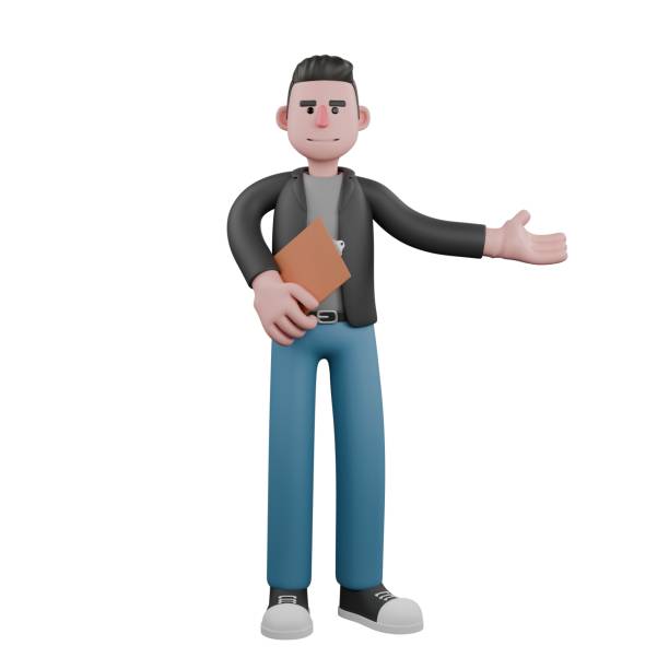 istock Screenwriter 3D Cartoon Model Design. a male screenwriter standing with his right hand holding a clipboard and his left hand stretched out to the side. Artistic Illustration 2186896992
