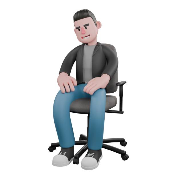istock Creative 3D Model. a male screenwriter sitting on a chair with both hands on his thighs. Cartoon Screenwriter Illustration Design 2186896994