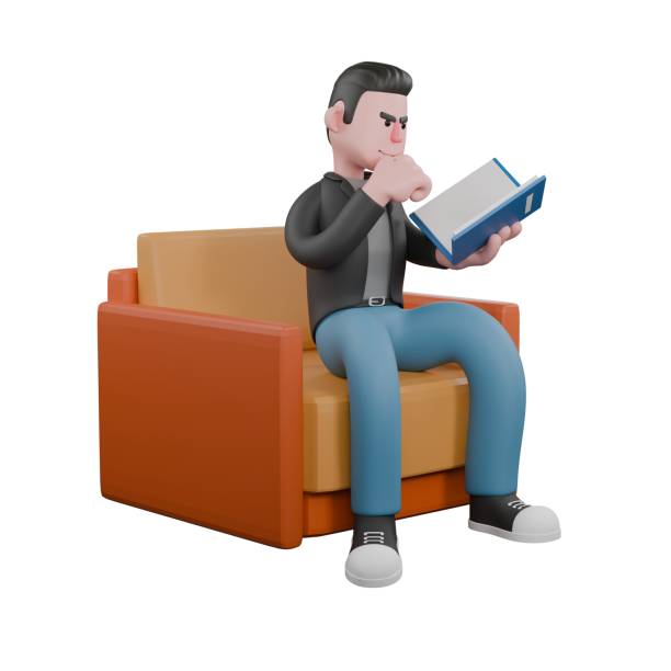 istock Professional Screenwriter Cartoon Design. a male screenwriter sits on a sofa with his left hand holding a book and his right hand clenched. 3D Artistic Model 2186897024