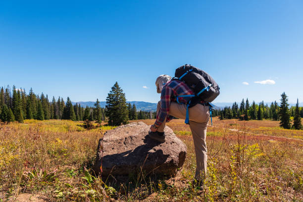 istock A hiker ties their shoelace while hiking in Colorado under a clear blue sky 2186898005