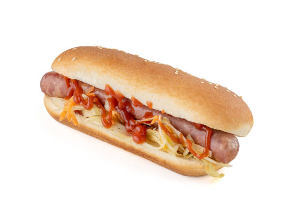 istock Hot dog with pickled cabbage and carrots, and spicy tomato sauce. Isolate. White background. 2186898136