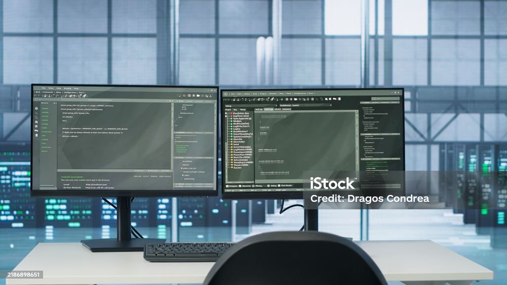 Data Interlinked With Computer Interlinked Computers In Data Center Creating Server Network Stock ...