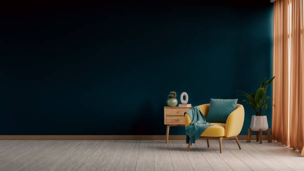 istock Large empty room with a yellow chair and a potted plant on dark blue wall- 3D rendering 2186907738