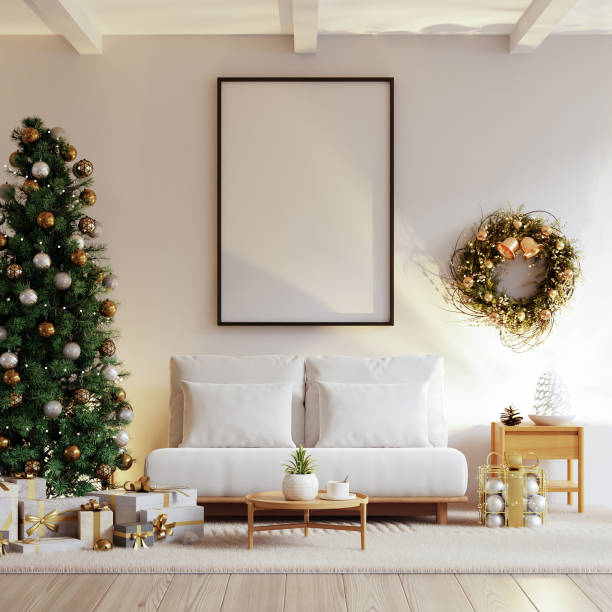 istock Mockup posters in living room christmas interior with a christmas tree and a sofa- 3D rendering 2186907934