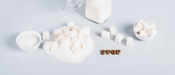 istock Concept of limited sugar consumption, text and sugar on the table web banner 2186910193