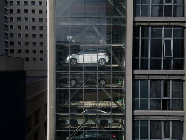 istock Mechanical automatic multi-story car parking system integrated with a building. 2186910718