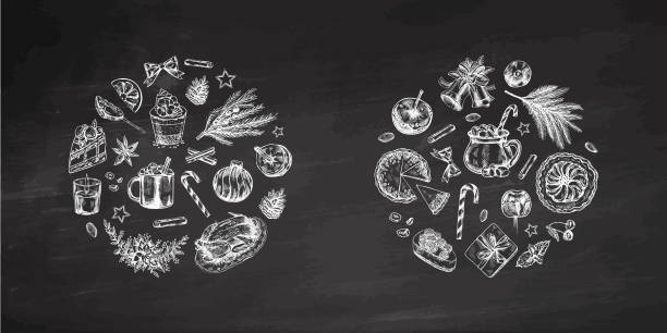 istock Hand-drawn Christmas food and festive treats on chalkboard 2186914001