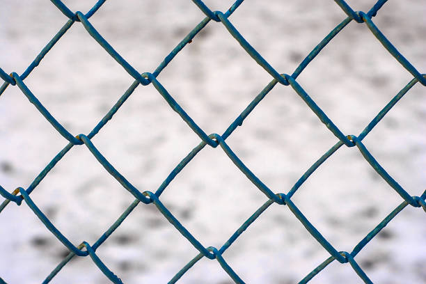 istock blue wire mesh fence and snow 2186916031
