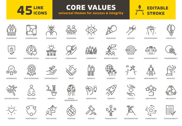 kernwerte: dünne linie icon set. geschäftserfolg und integrität prinzipien vektor illustration sammlung. bearbeitbarer strich. - zusammenhalt stock-grafiken, -clipart, -cartoons und -symbole
