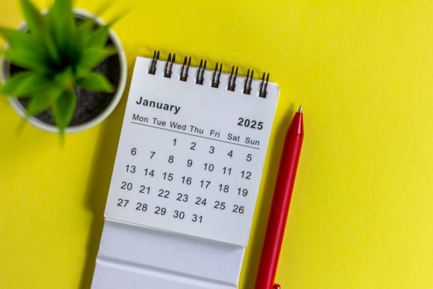 istock Hello January. January 2025 planning calendar on yellow background. 2186916315