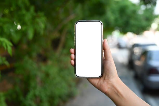istock Hand holding a smartphone with blank white screen with blurred background of greenery and parked cars 2186917196