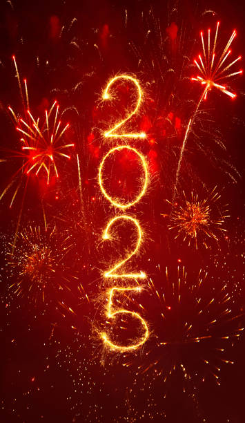 Happy New Year 2025. Vertical holiday web banner with Golden sparkling number 2025 on red Festive background. Creative Beautiful New Year billboard