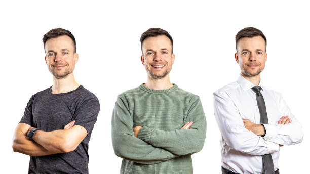 The same man in sports, casual, and business outfits, representing different aspects of life. Isolated on a white background.