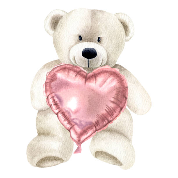 istock White toy bear is sitting and holding pink glossy heart baloon. Hand drawn watercolor illustration of cute plush toy on isolated background. Drawing of romantic present for Valentine's Day cards. 2186923854