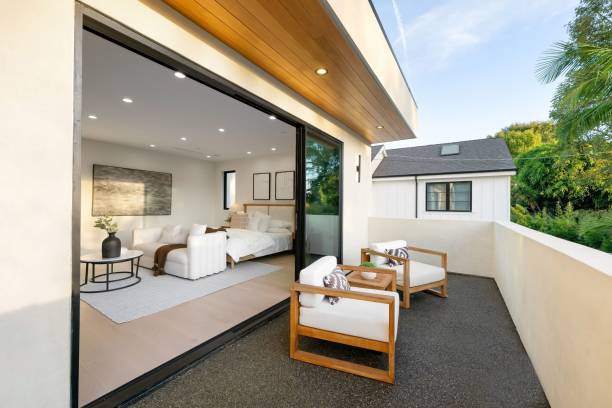 istock Modern bedroom with open balcony and greenery. 2186926441