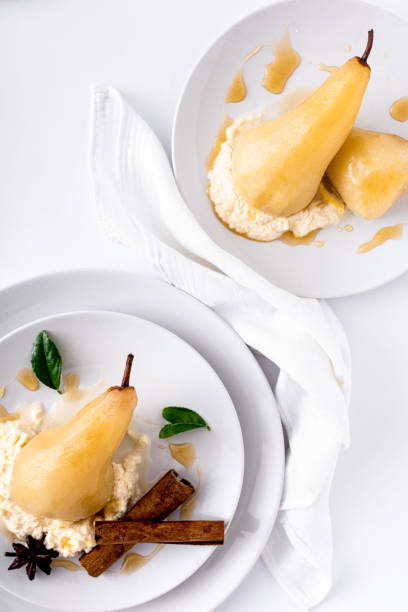 Poached pears glazed with sweet syrup