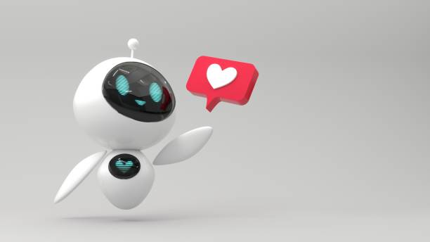 istock Friendly cute cartoon robot holding heart icon - 3d render. Technology concept. Social media apps, UI and UX web design, application development. 2186931424