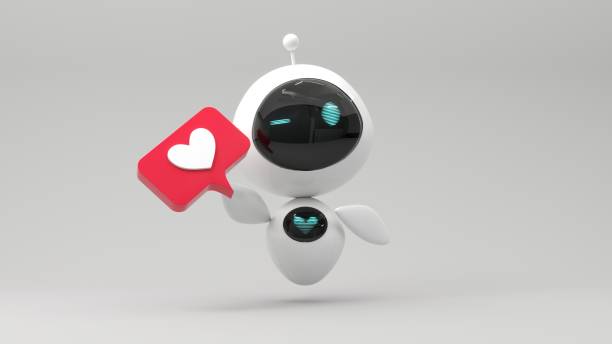 istock Friendly cute cartoon robot holding heart icon - 3d render. Technology concept. Social media apps, UI and UX web design, application development. 2186931426