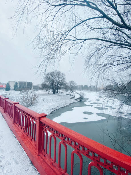 istock Red Bridge Over Snowy River in Winter Park 2186933376